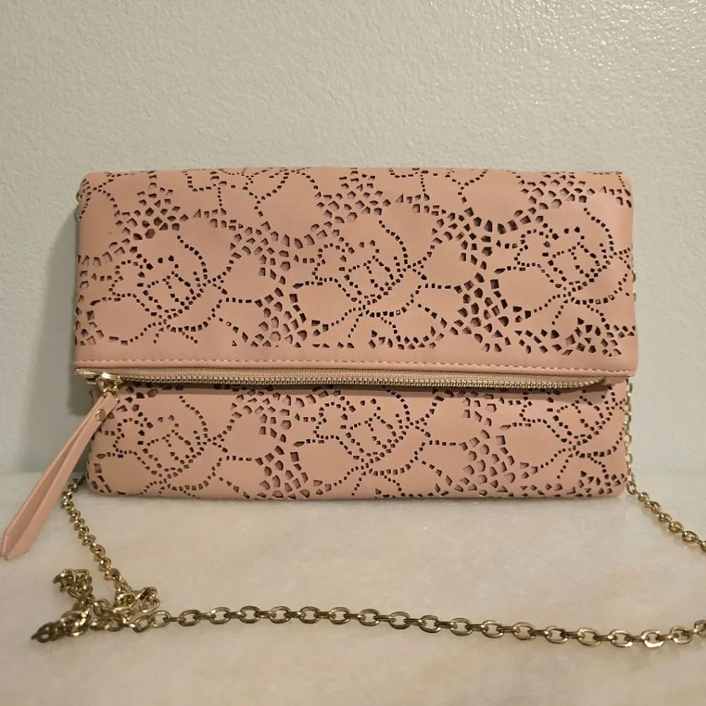 Urban Expressions Locket Clutch with chain In Blush Pink Laser Cut Vegan Leather